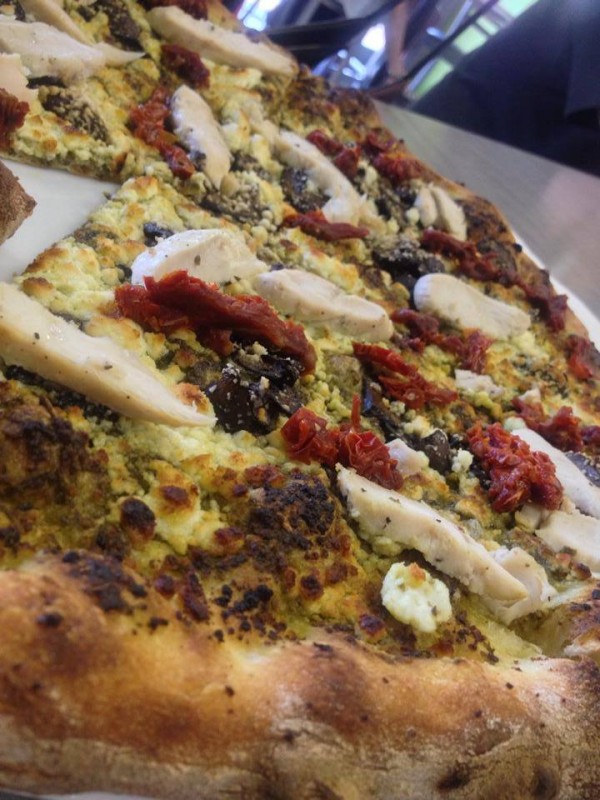 Mary Jane Pizza Ethos Bakery ( delivered to White Bluffs cause we likes to eat and drink!) pesto sauce, chicken, feta. shrooms and sun dried tomatoes